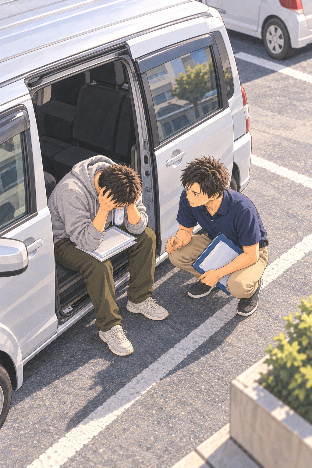 アパートの駐車場を上から見下ろす。ミニバンの開いた戸の段に座りこみ、両手で頭をかかえる30代の男性。そばにしゃがむ20代の男性の査定員。