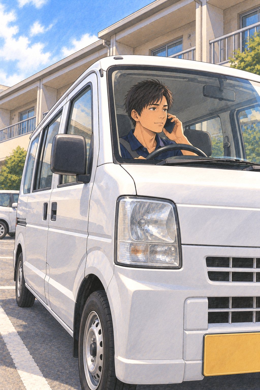 アパートの前に止めた白い軽のバンを、斜め前の低い所から見る。運転席でスマホを耳に当て、少しだけ口元をゆるめる20代の男性の査定員。