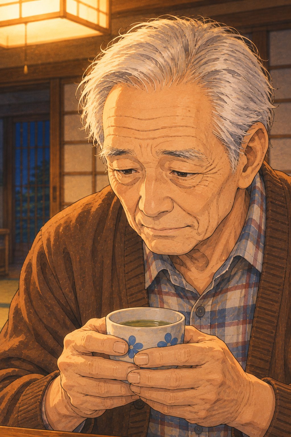 夜の居間。湯のみを持ったまま目をふせ、口を閉じている年配の男性の顔の寄り。