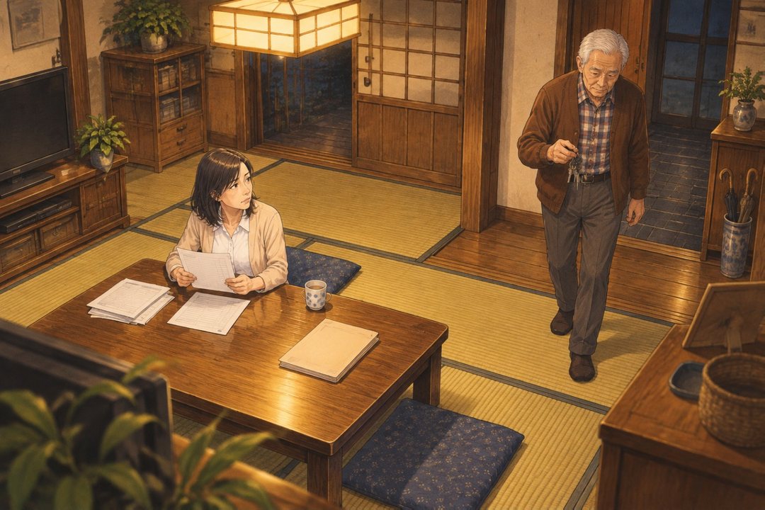 夜の居間を少し高い所から。左で座卓についた40代の女性が記録事項の紙を持ったまま見つめる。右の奥から、年配の男性が古い鍵の束を持って戻ってくる。天井の暖かい灯り1つ。