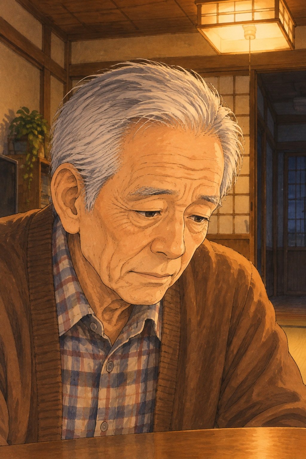 年配の男性の顔の寄り。座卓に目を落とし、口を結ぶ。