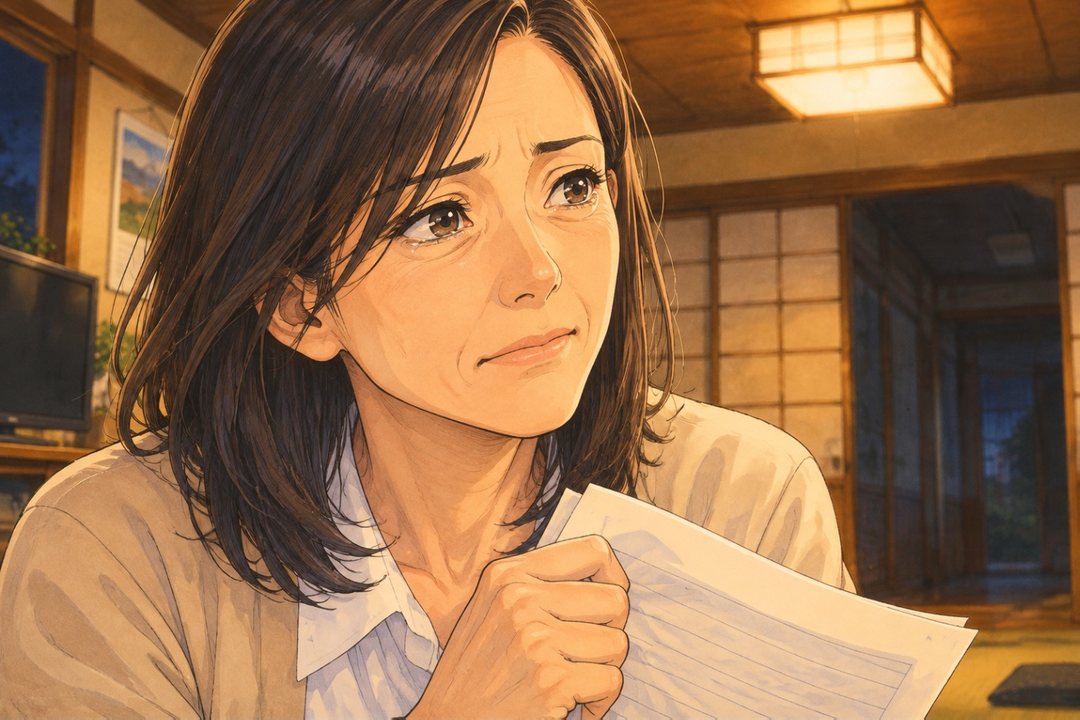 40代の女性の顔の寄り。口を結び、目をうるませて父を見る。胸の前で記録事項の紙を握る手。
