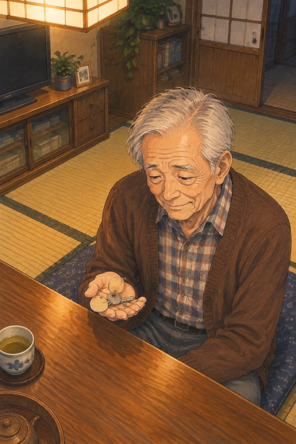 少し上から年配の男性。鍵を手のひらで転がす。