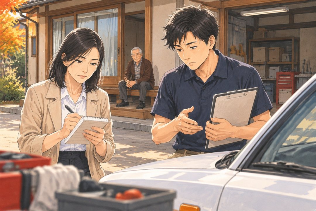 朝の車庫の前。白いセダンのボンネットの横で、紺のポロシャツの若い査定員が、書類の板を胸に持って説明する。向かいで40代の女性がメモを取り、縁側に年配の男性が腰かけて見ている。