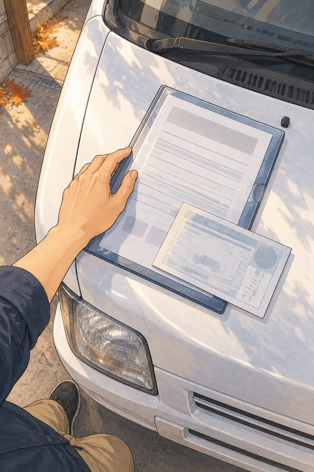 真上から車のボンネット。書類のファイルとリサイクル券（字は読めない）と、若い手。