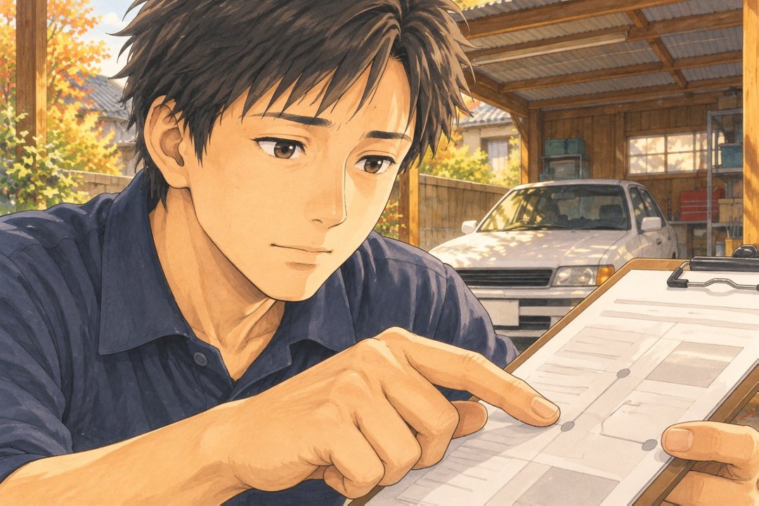 若い査定員の寄り。書類の板の上で指を動かし、車検証の住所から今の家へ、2つの点を線でつなぐように説明する。
