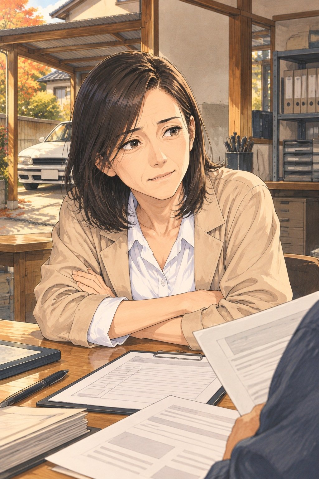 40代の女性の胸から上。車庫の作業台で腕を組み、手前の査定員が持つ書類をのぞく。