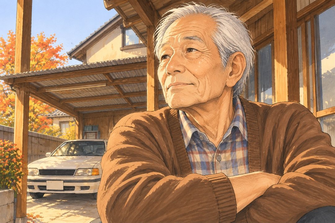 縁側の年配の男性の寄り。腕を組み、遠くを見るように目を細める。朝の白い光。
