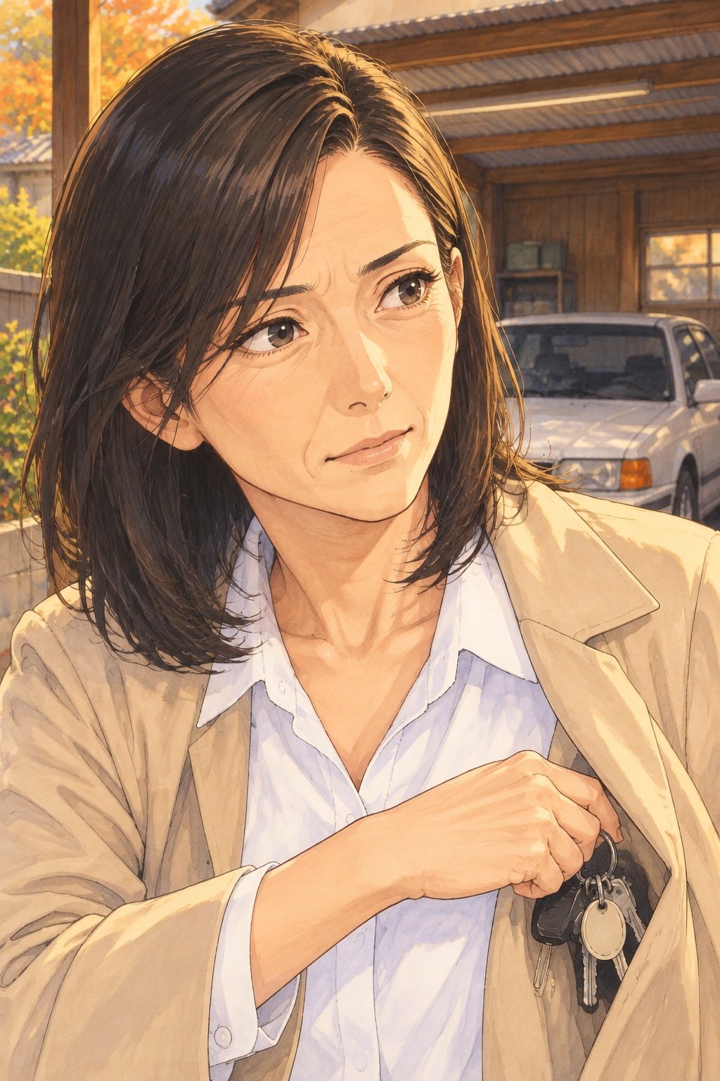 女性の顔の寄り。上着の胸元から鍵を出しかける。
