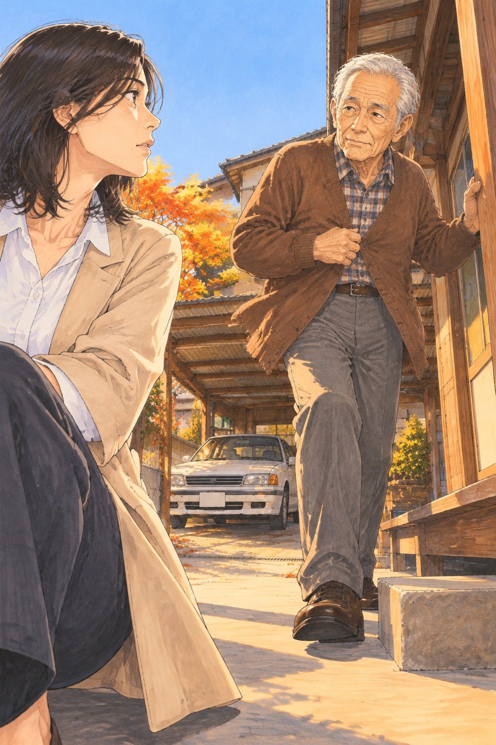 縁側から立ち上がる年配の男性を低い所から。片手を柱について、もう片方の手で茶のカーディガンの前を合わせる。手前に、腰を落としたまま振り向く40代の女性。