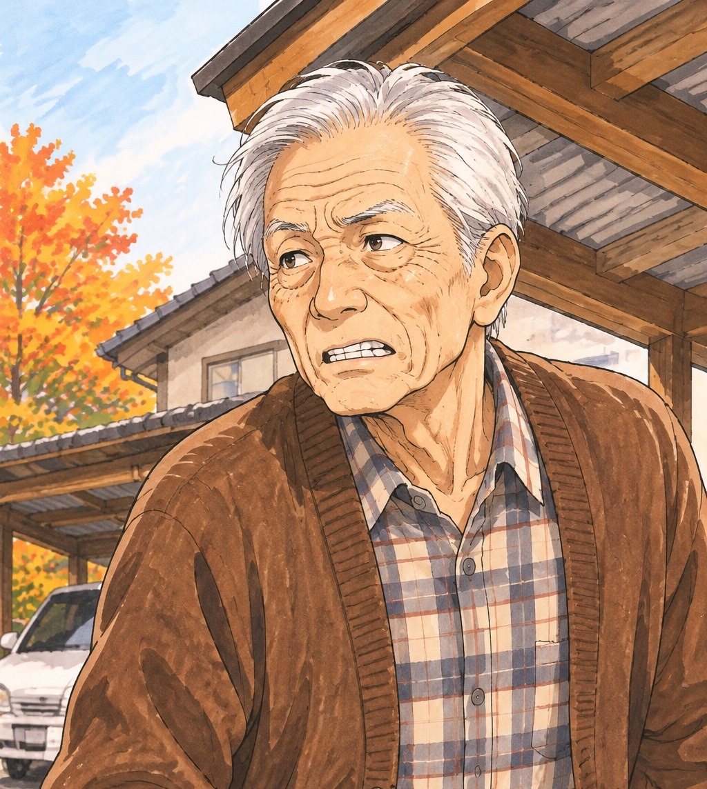 年配の男性を少し下から。立ち上がりながら歯を食いしばり、前を見すえる。