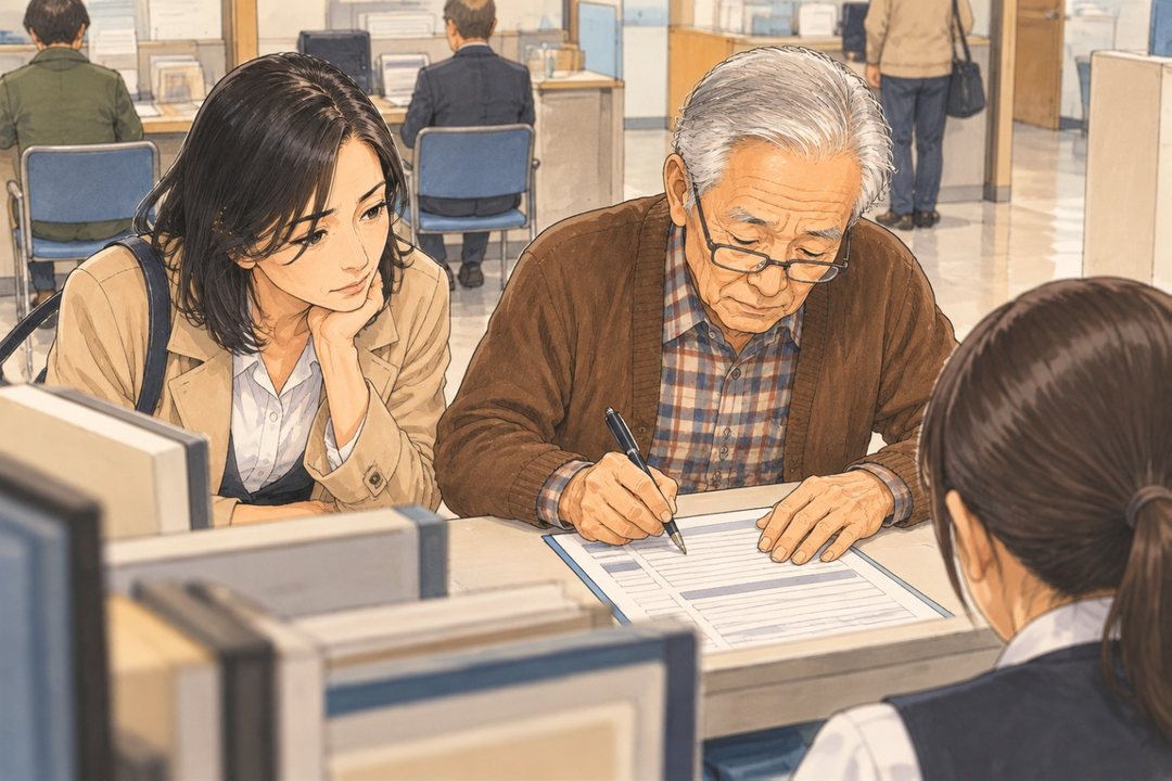 市役所の窓口の台。年配の男性が老眼鏡をかけ、請求の用紙にゆっくり書き込む。横で40代の女性がほおづえをついて見守る。手前に職員の後ろ姿。白い天井の灯り。