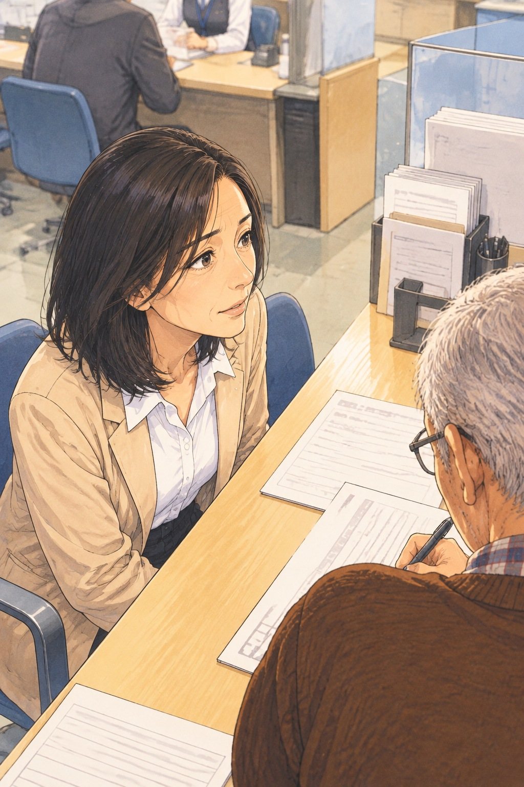 少し上から女性の横向き。窓口の椅子で、手前でペンを持つ父の横顔を見る。