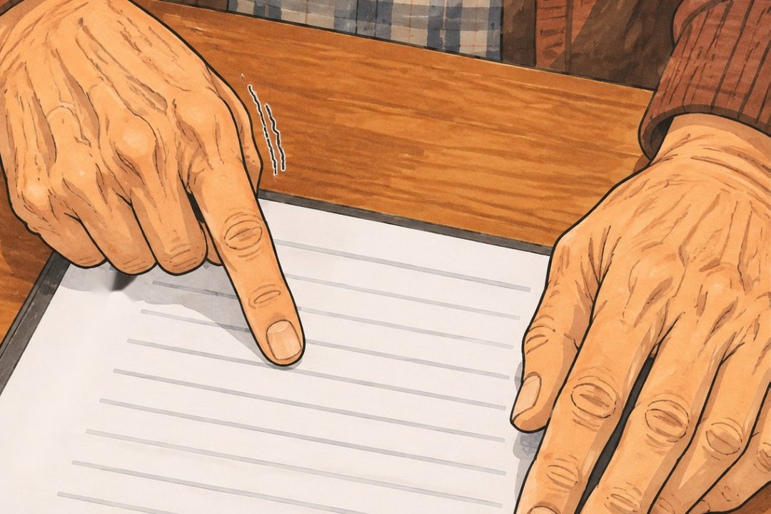 寄り。受け取った住民票の1行を、年配の男性の人さし指がなぞって止まる(字は読めない線だけ)。指先が少し震える。