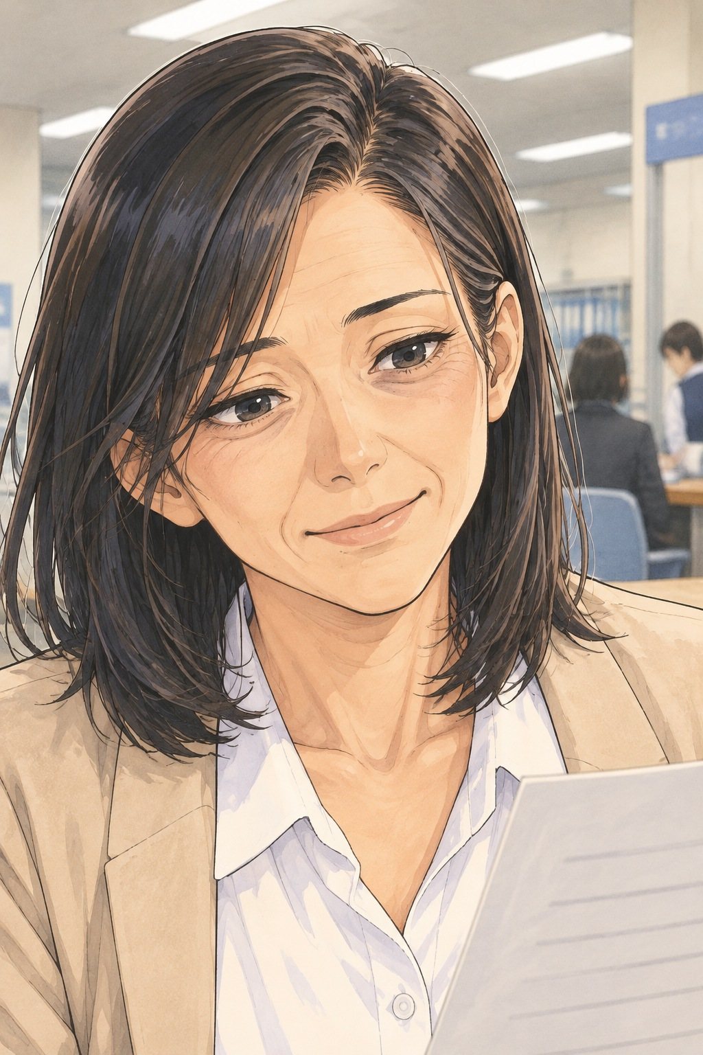 女性の顔の寄り。父の手の紙を見て、少し笑う。