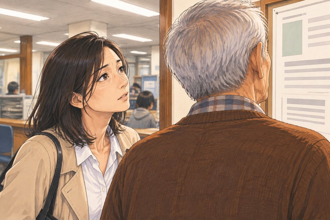 窓口のわきの壁の貼り紙を、40代の女性が見上げる。貼り紙は線と形だけ(字は読めない)。父の背中が手前に大きい。