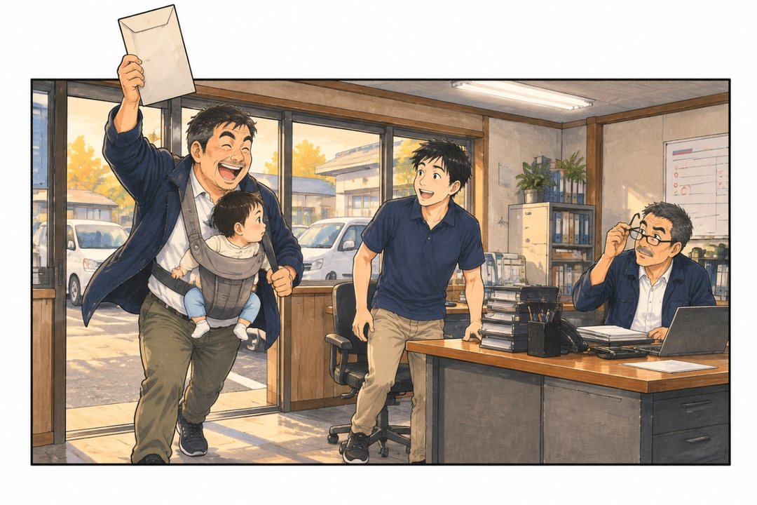 夕方の買取の店の事務所。戸口から、赤ちゃんを抱っこひもで胸に抱えた紺の上着の30代の男性が、封筒を高く掲げて飛び込んでくる。机の若い査定員が立ち上がり、奥で店長が老眼鏡を下げて見る。