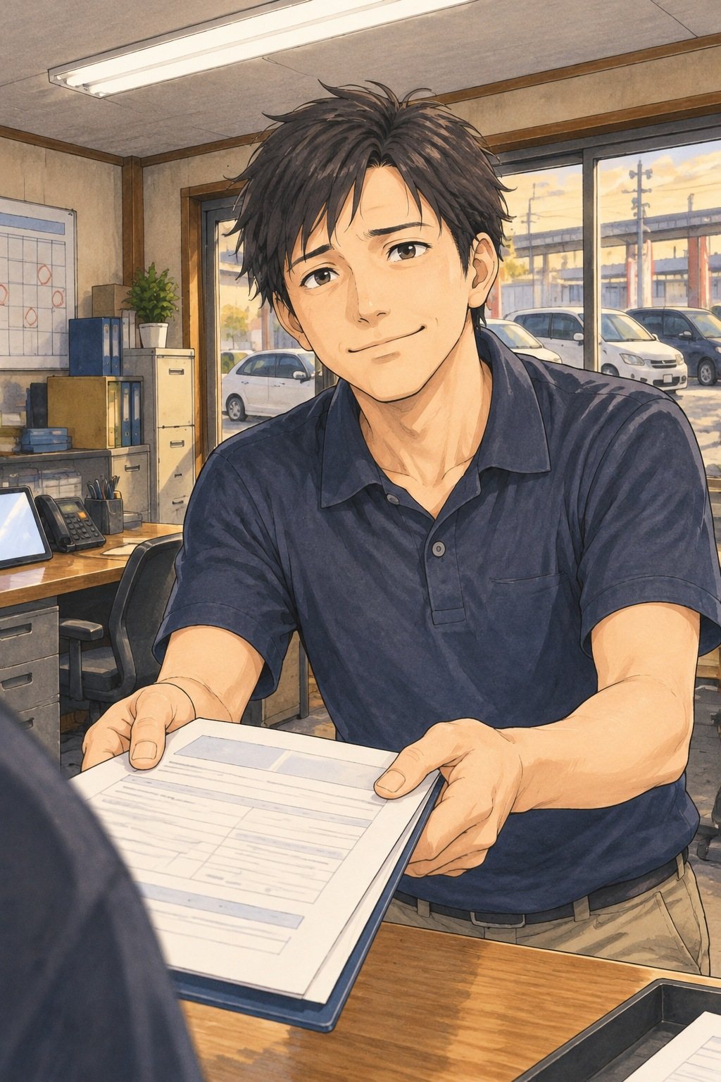 若い査定員の正面。手前の客の肩ごしに、書類を受け取って笑う。