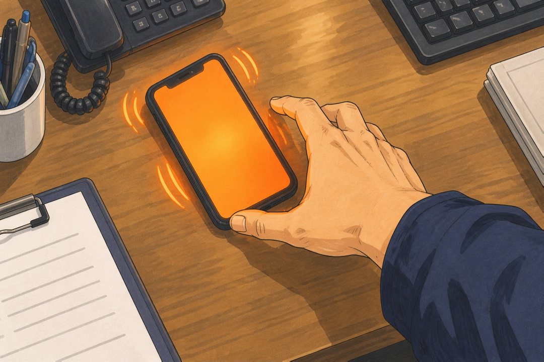 机の上で震えるスマホを取る若い査定員の手元の寄り。画面の橙の光(字は読めない)。