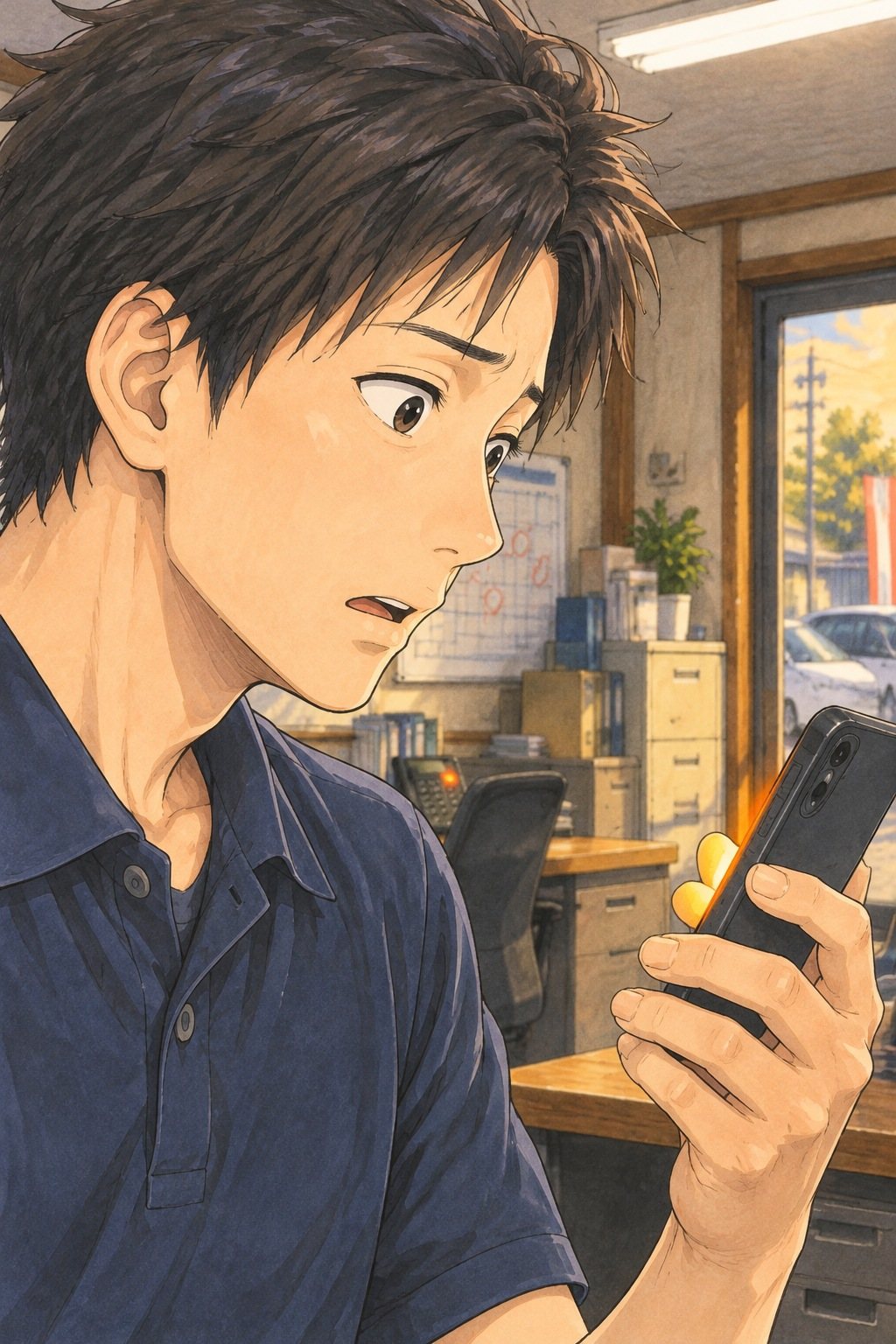 若い査定員の横顔の寄り。手のスマホに目を向け、口を少し開ける。