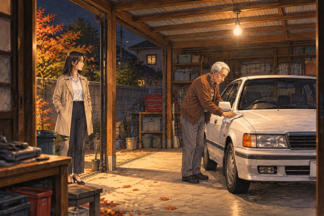 夜の車庫。裸電球の下で、年配の男性が白いセダンのボンネットを布でゆっくり拭く。車庫の入り口に40代の女性が立って見ている。