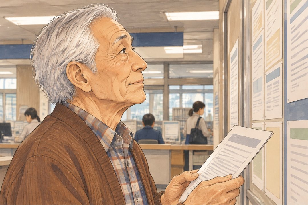 年配の男性の横顔の寄り。住民票を胸の前で両手に持ったまま、貼り紙を見上げて、口元が少しだけゆるむ。白い天井の灯り。