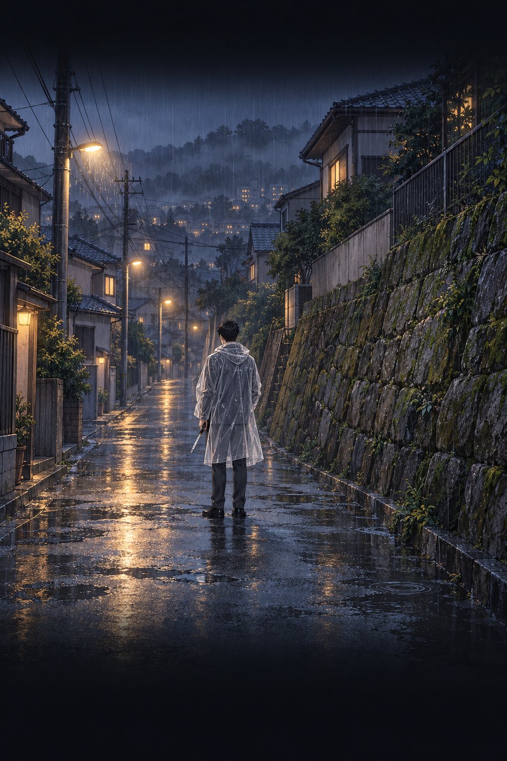 雨の夕方、日本の住宅地の細い坂道。古い石垣の前で、雨合羽の男が巻尺を手に立っている。
