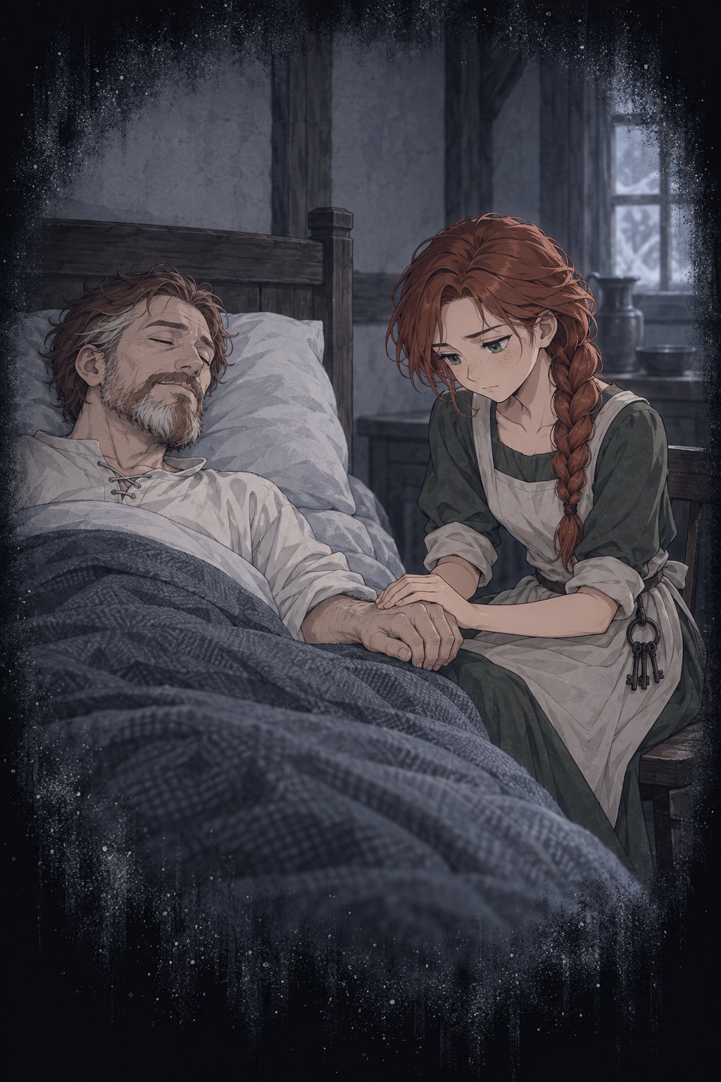 色の抜けた記憶。眠るように横たわる父の手を、少女が両手で握っている。