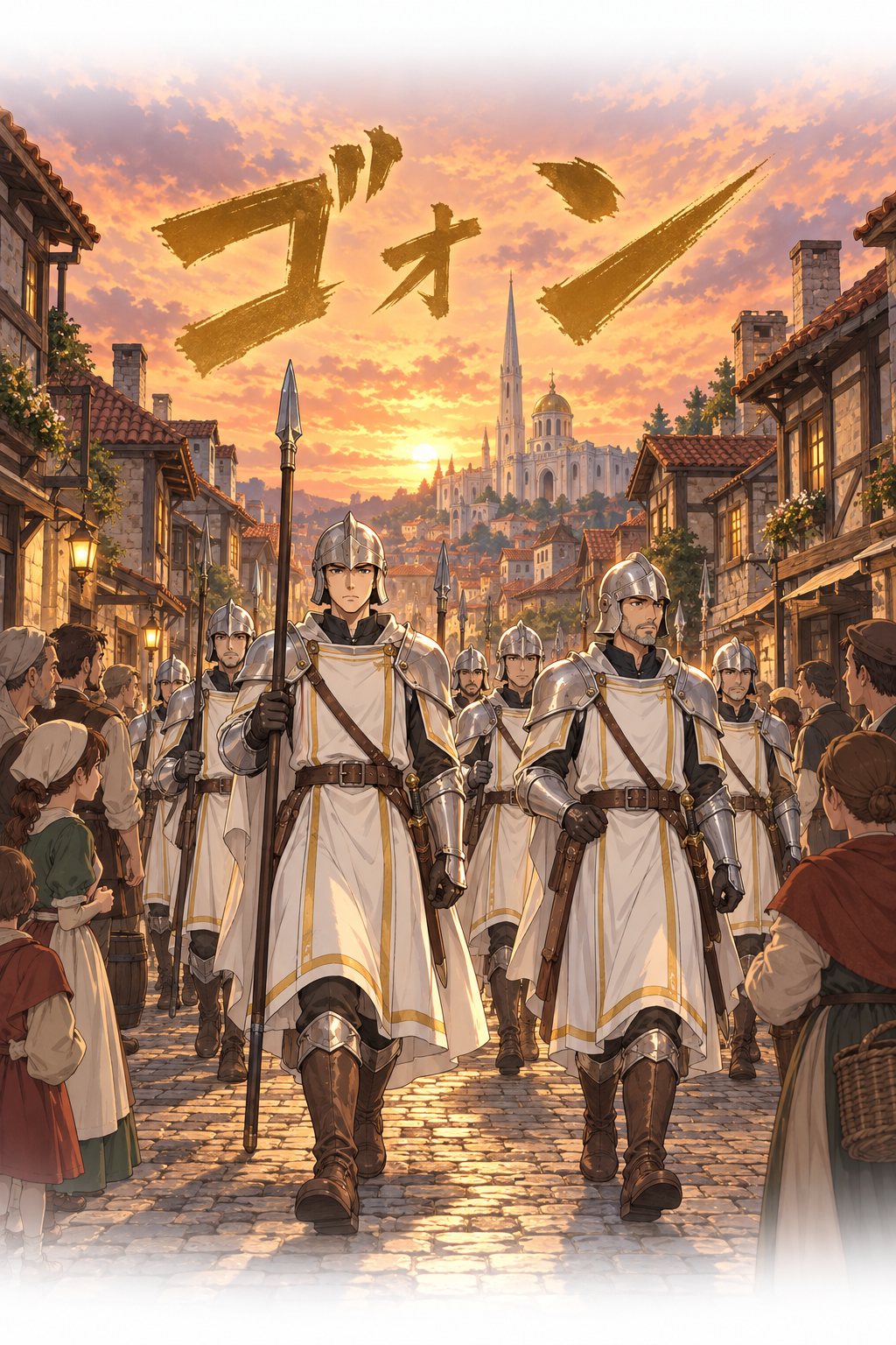 夕方の町の通り。白い法衣の神殿の騎士たちが進み、人々が道を空ける。「ゴォン」の鐘の描き文字。