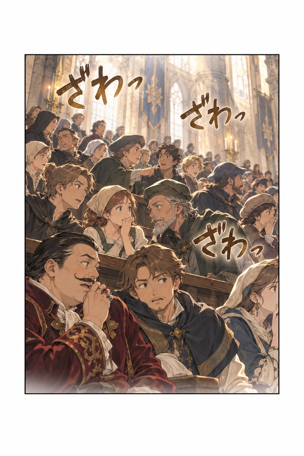 傍聴の人々がざわめき、顔を寄せ合う。「ざわっ」の描き文字。