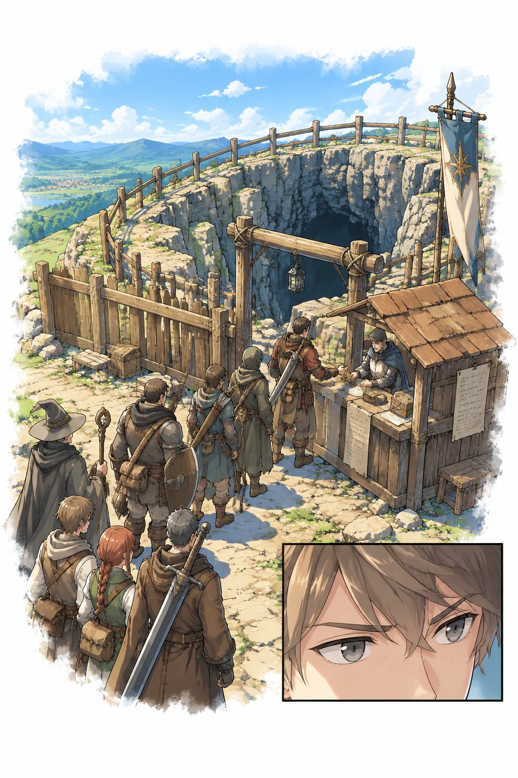 ダンジョンの入口。木の柵と門と見張りの小屋。武装した冒険者の一行が列を作り、門番の男に硬貨を払っている。小さな枠に、硬貨のやりとりを見て目を細めるケイ。