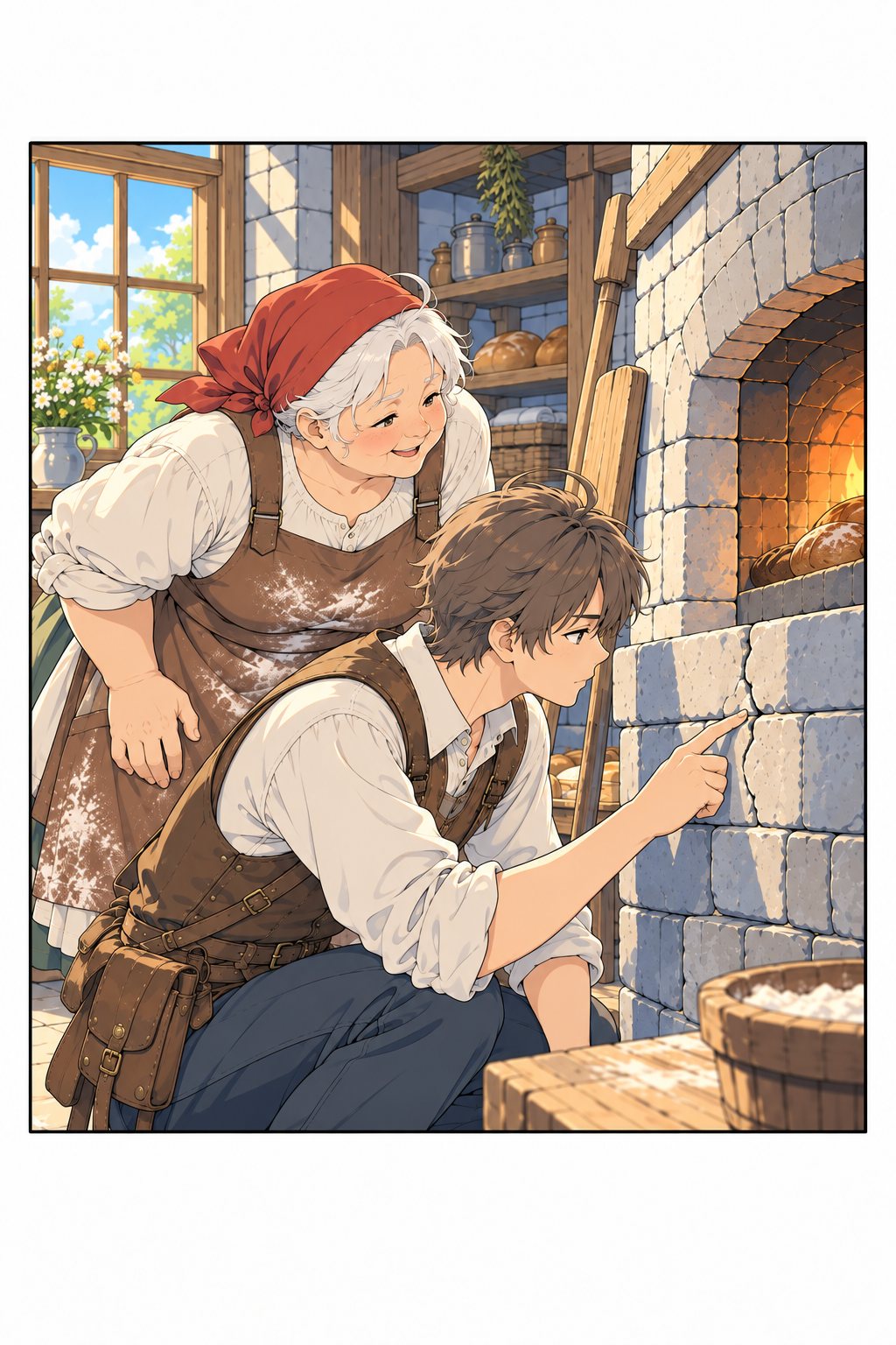 パン屋の中。ケイが窯の石組みのひびを指で確かめ、マーラが横から覗き込む。