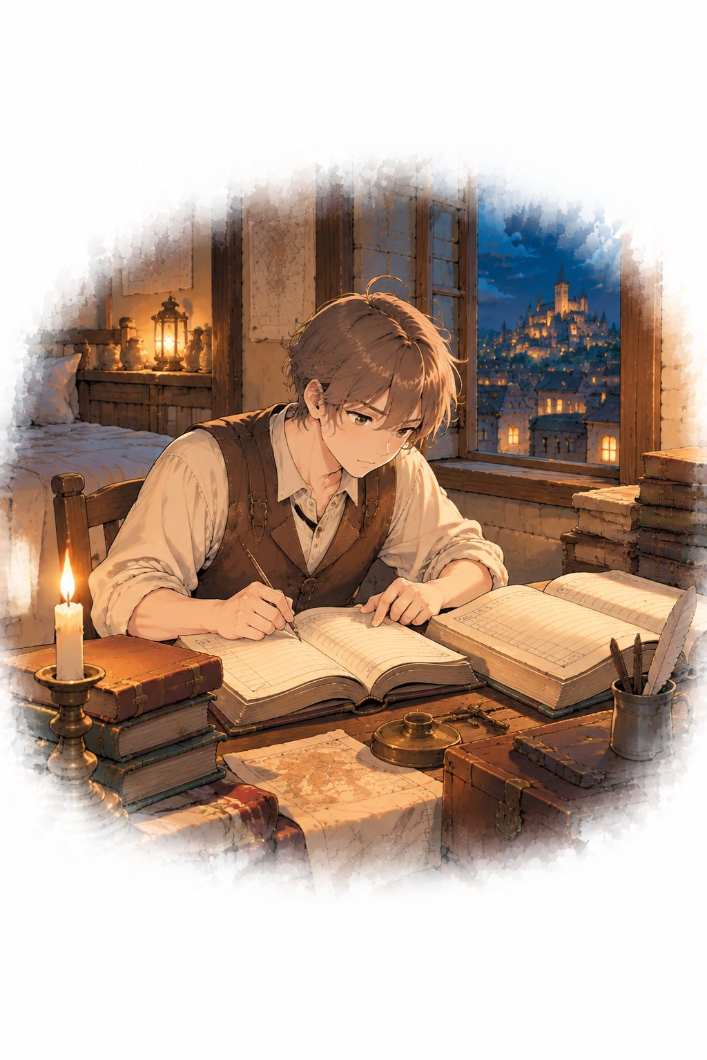 夜の下宿の部屋。ろうそくの光の中で、ケイが帳面の数字を書き写している。