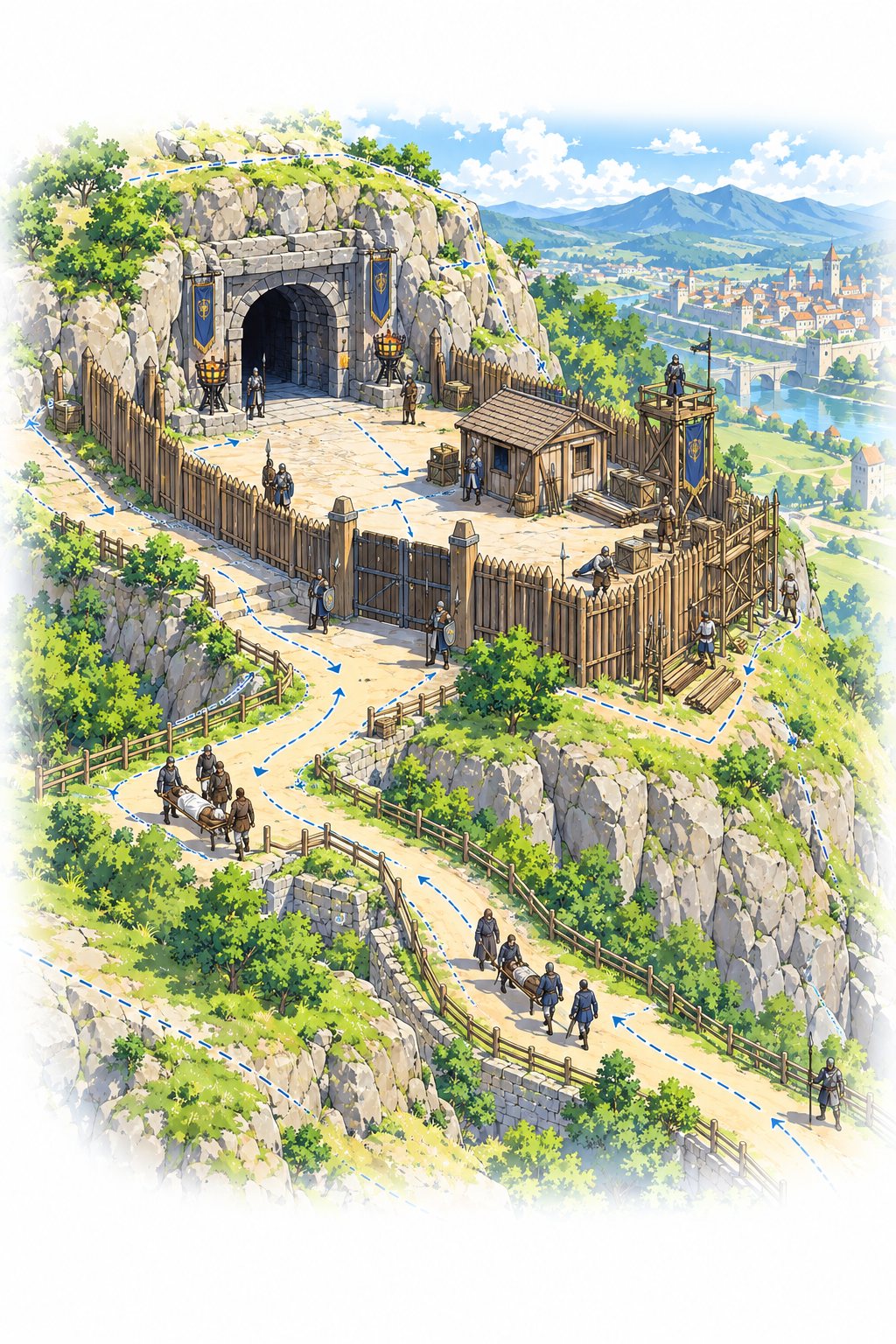 丘の上の柵と見張り小屋を、少し上から見た製図のような絵。柵の修理の所・見張りの立つ所・けが人を運ぶ道に、青い点線と矢印が重なる。