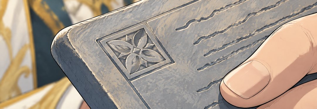 灰色の石の札の縁に刻まれた、小さな印の細い寄り。印の形は読めない模様。