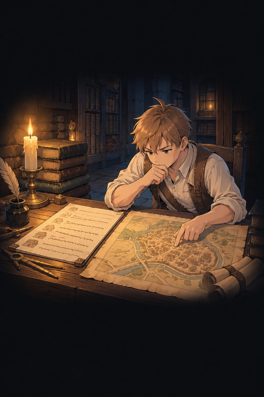 蝋燭の光の書庫。ケイが、グレゴールの写しの紙と、測量所の地図を机に並べる。指が一か所で止まる。