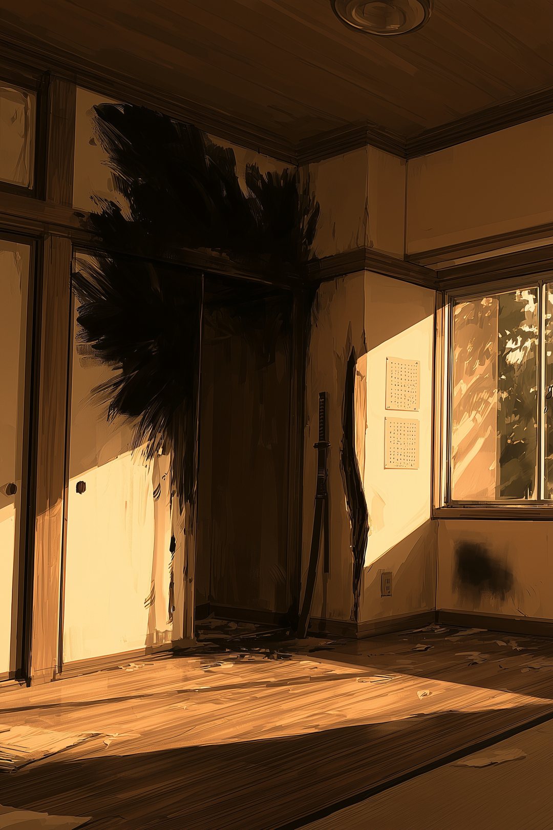 6畳の部屋の全体。壁の一面に大きな黒い焦げ、柱に深い刀傷、魔物のポスターと無数の画鋲の穴、冷蔵庫を動かした跡の壁の黒ずみ。押し入れのふすまは閉じている。