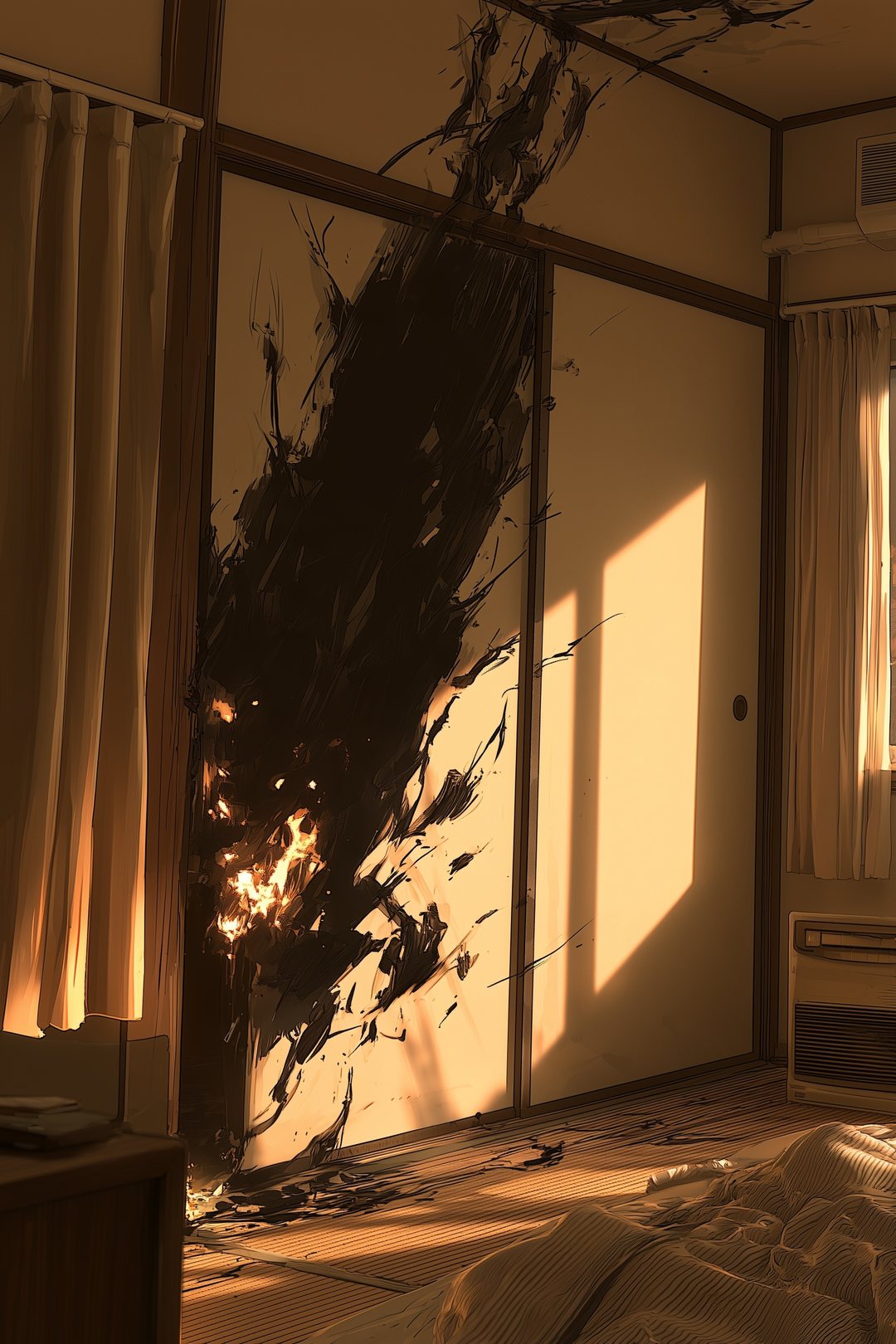 押し入れのふすまから部屋の壁へ、扇のように広がった大きな黒い焦げ。焦げの縁がまだ少しくすぶっている。