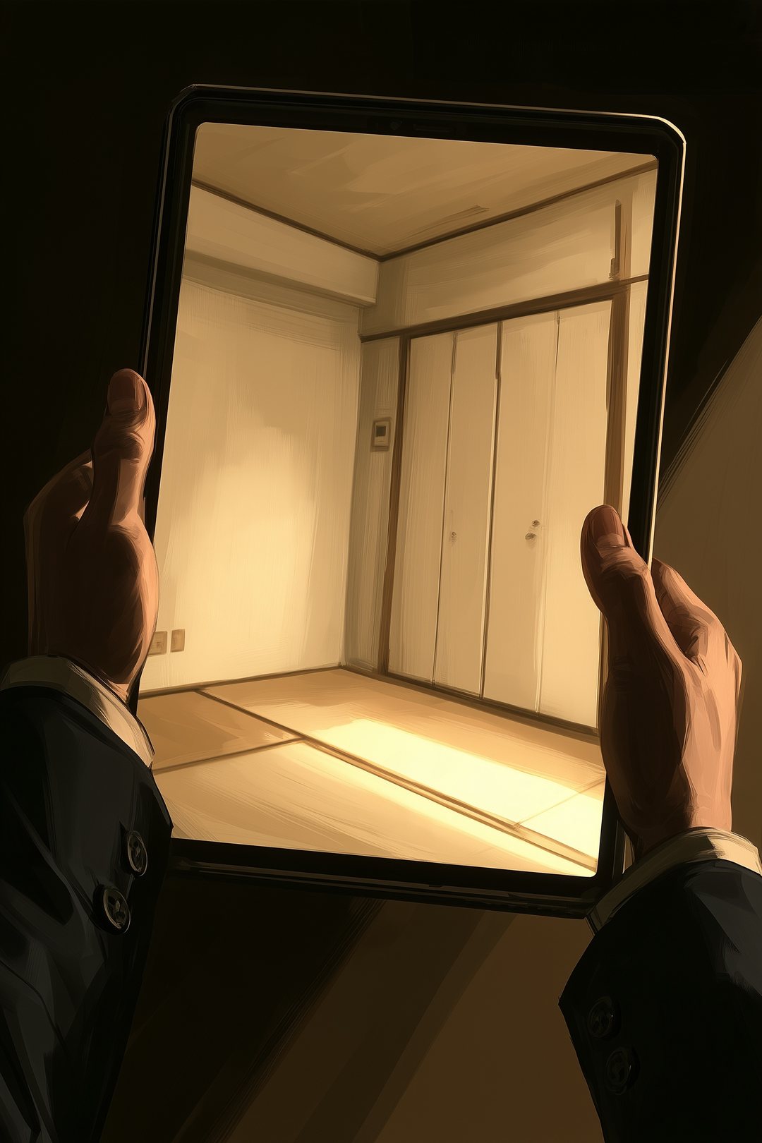 タブレットの画面に、8年前の同じ部屋の写真。白い壁、焦げは無い。画面を持つ女性の手。画面の文字は読めない。