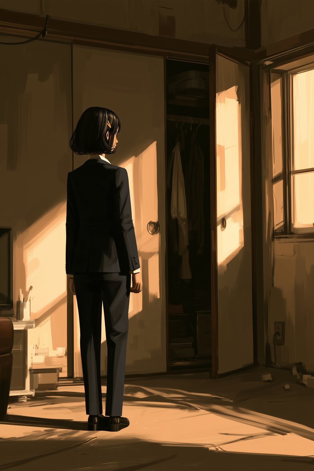 空になった6畳の部屋に一人立つ若い女性の背中。夕方の光。押し入れのふすまが、少しだけ開いている。