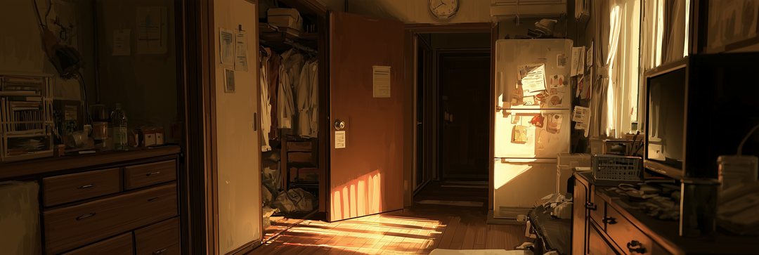 暗い押し入れの奥の細い帯の寄り。岩の割れ目の中で、赤く光る何かの筋。