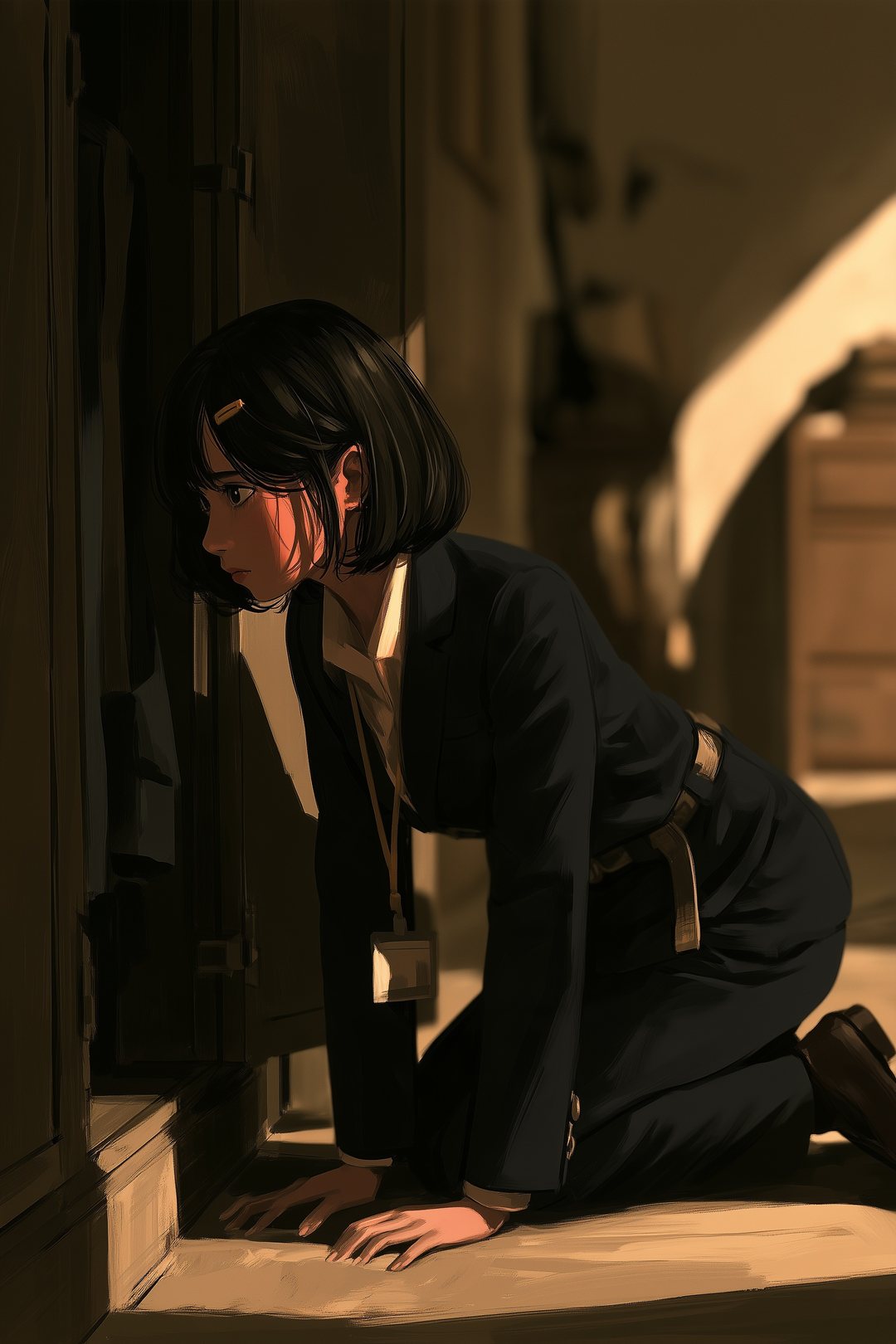 押し入れの前で四つんばいになり、凍りついたまま奥をのぞく若い女性。顔に赤い光。