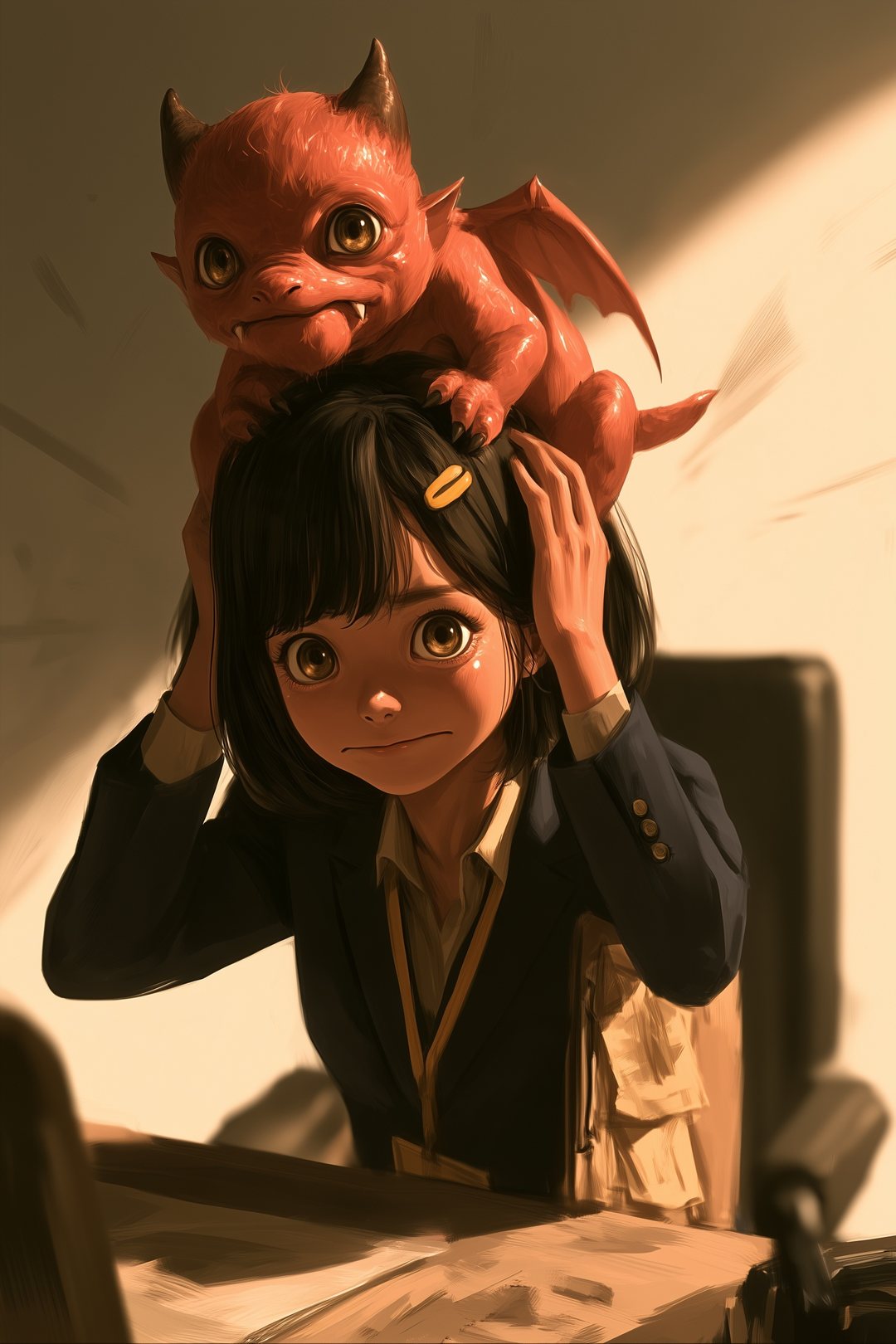 頭の上に竜の子を乗せたまま、机で頭を抱える若い女性。竜の子は女性の髪をくわえている。少しデフォルメ。