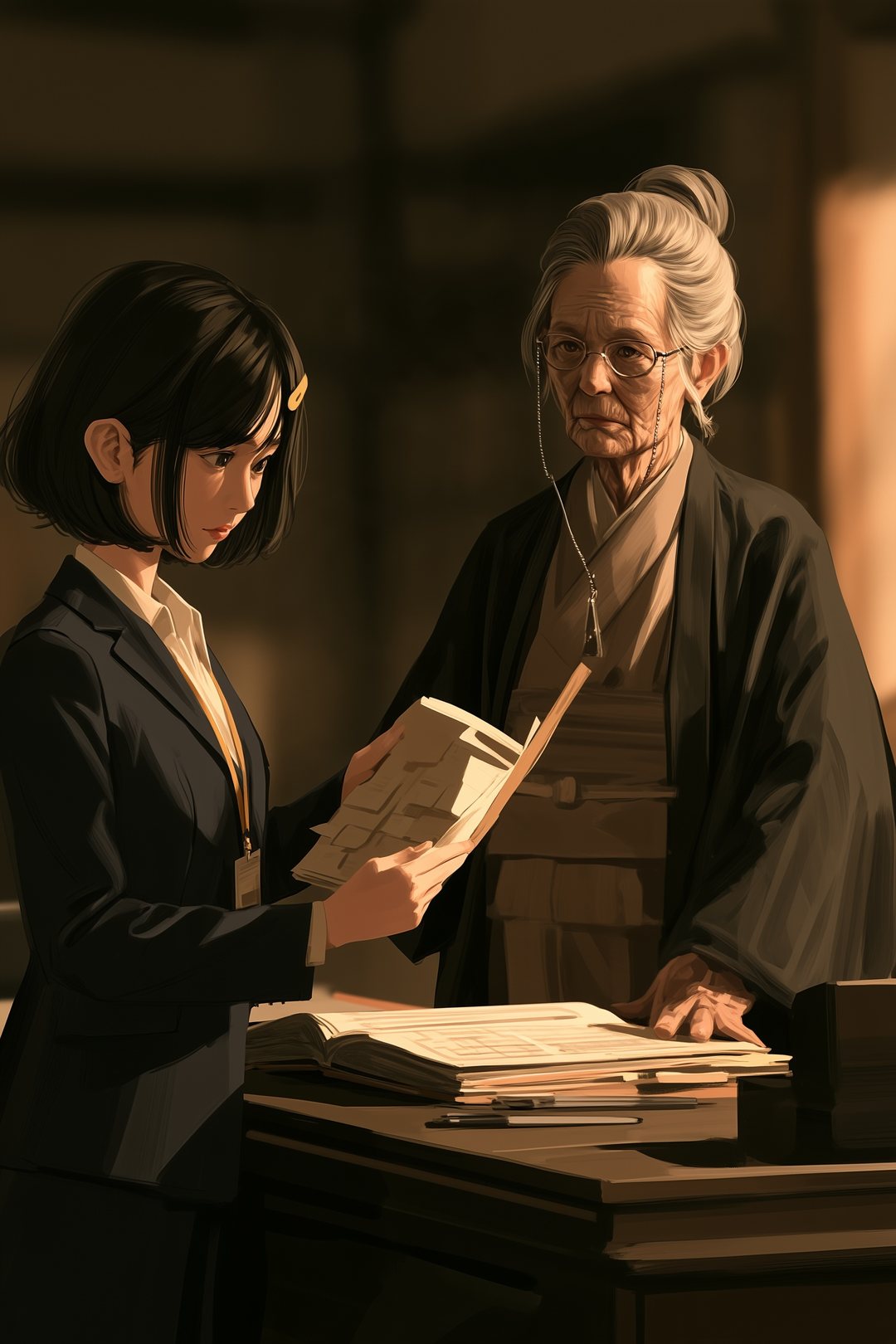 机をはさんで、帳面を叩く年配の女性と、付箋だらけの冊子を開いて見せる若い女性。