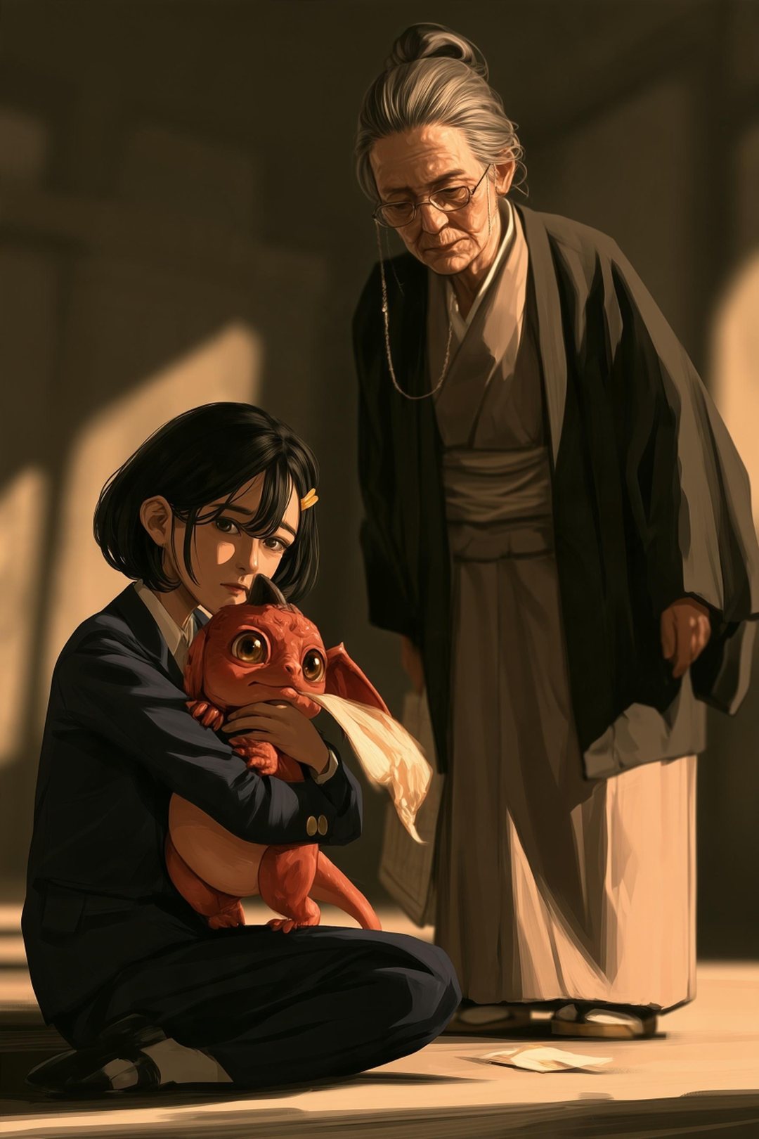 壁紙の切れ端をくわえた竜の子を抱えて床に座りこむ若い女性。見下ろす大家と剣士と職人。