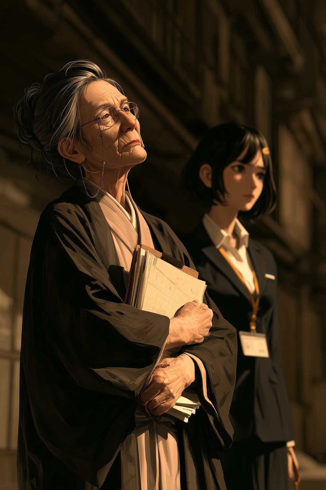夕方のアパートの前の小道。帳面を胸に抱え、アパートを見上げる年配の女性。横に若い女性。