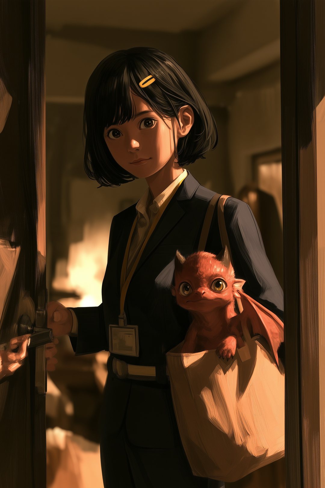夜、自分の狭いワンルームの戸を開けて帰ってくる若い女性。肩から下げたトートバッグから竜の子が顔を出している。