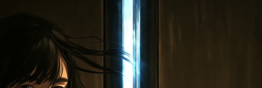 ふすまのすき間の細い帯の寄り。青白い光と、冷たい風に揺れる若い女性の前髪。