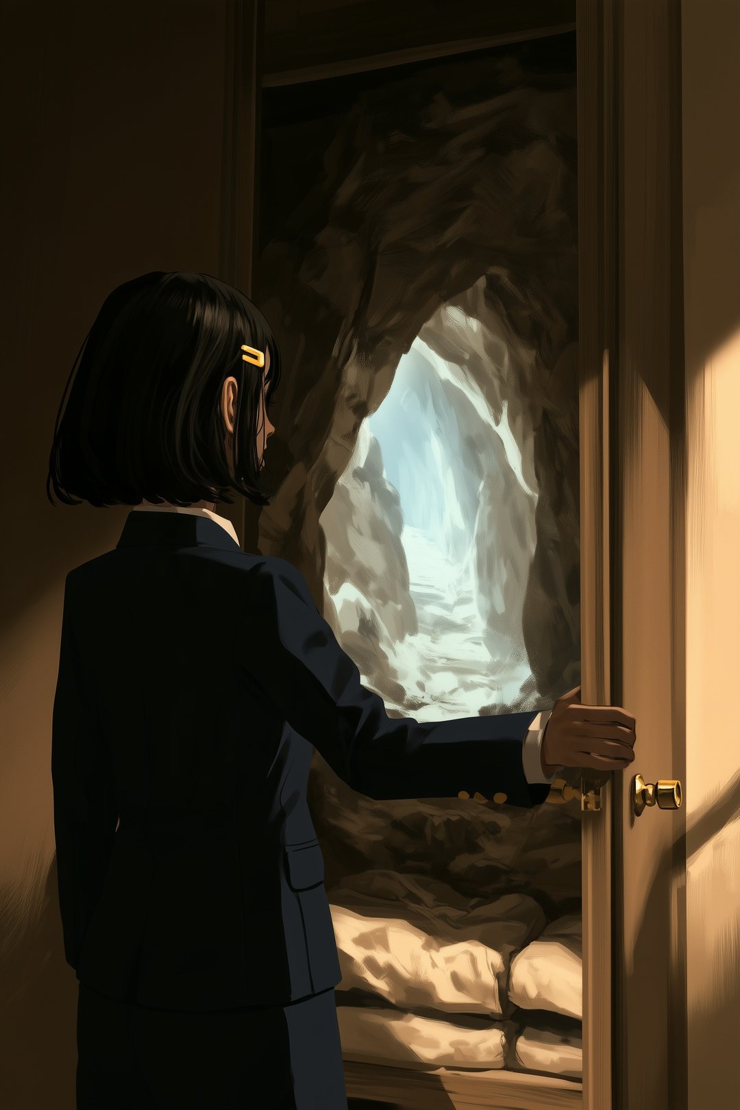 ふすまを開けた若い女性の背中。押し入れの奥が、布団の向こうから岩の洞窟になって下へ続き、青白く光っている。