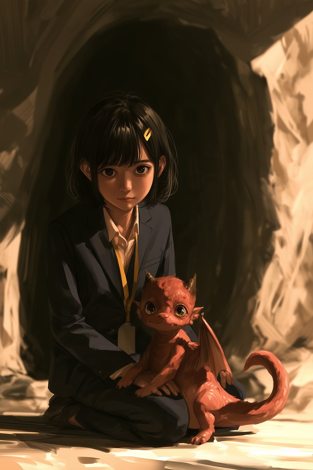洞窟の入口を前に、へたりこむ若い女性と、その膝で尾を振る竜の子。